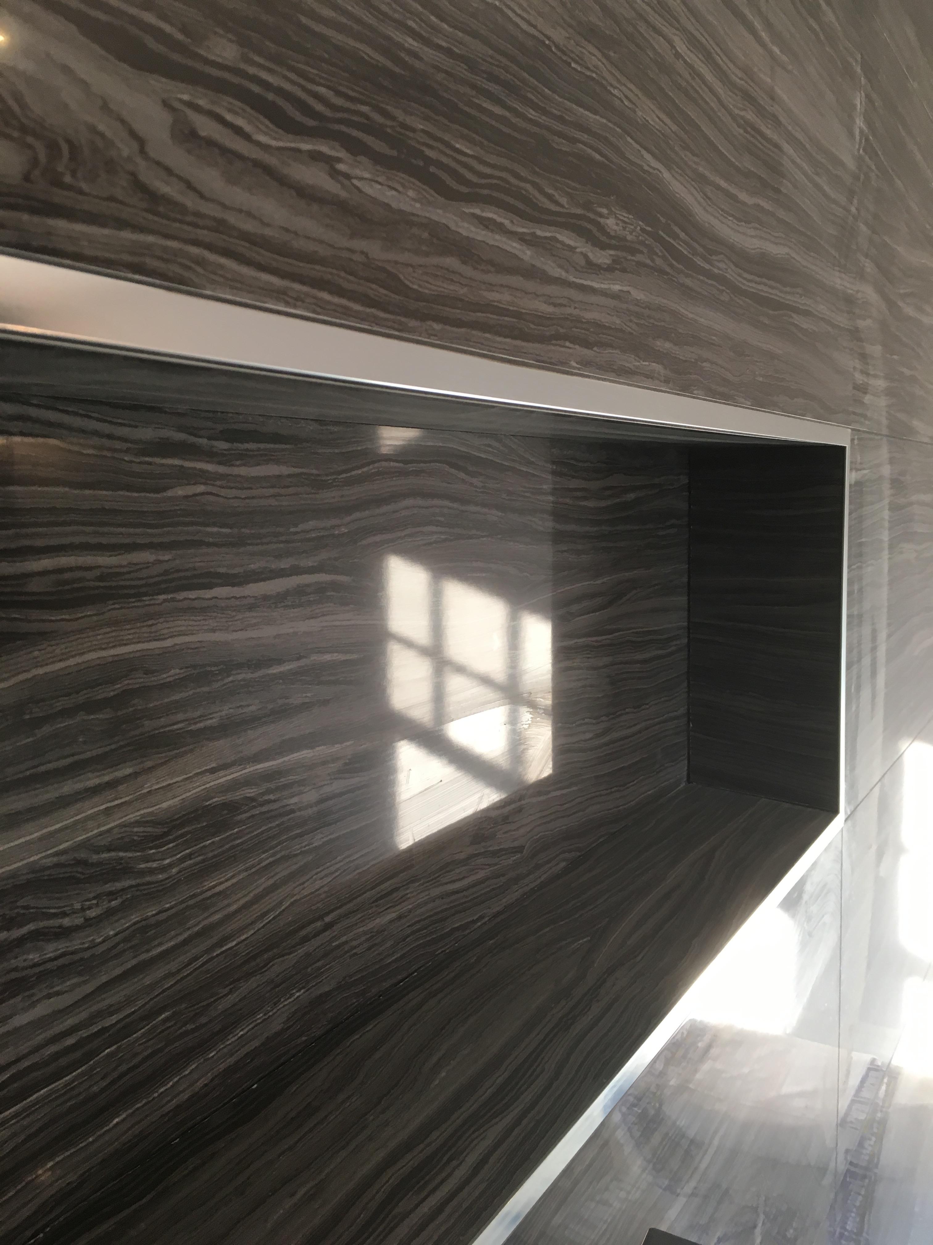 Watertight charcoal wood-effect wet room shower with sealed niche detail, Sidcup, Bromley Tiler