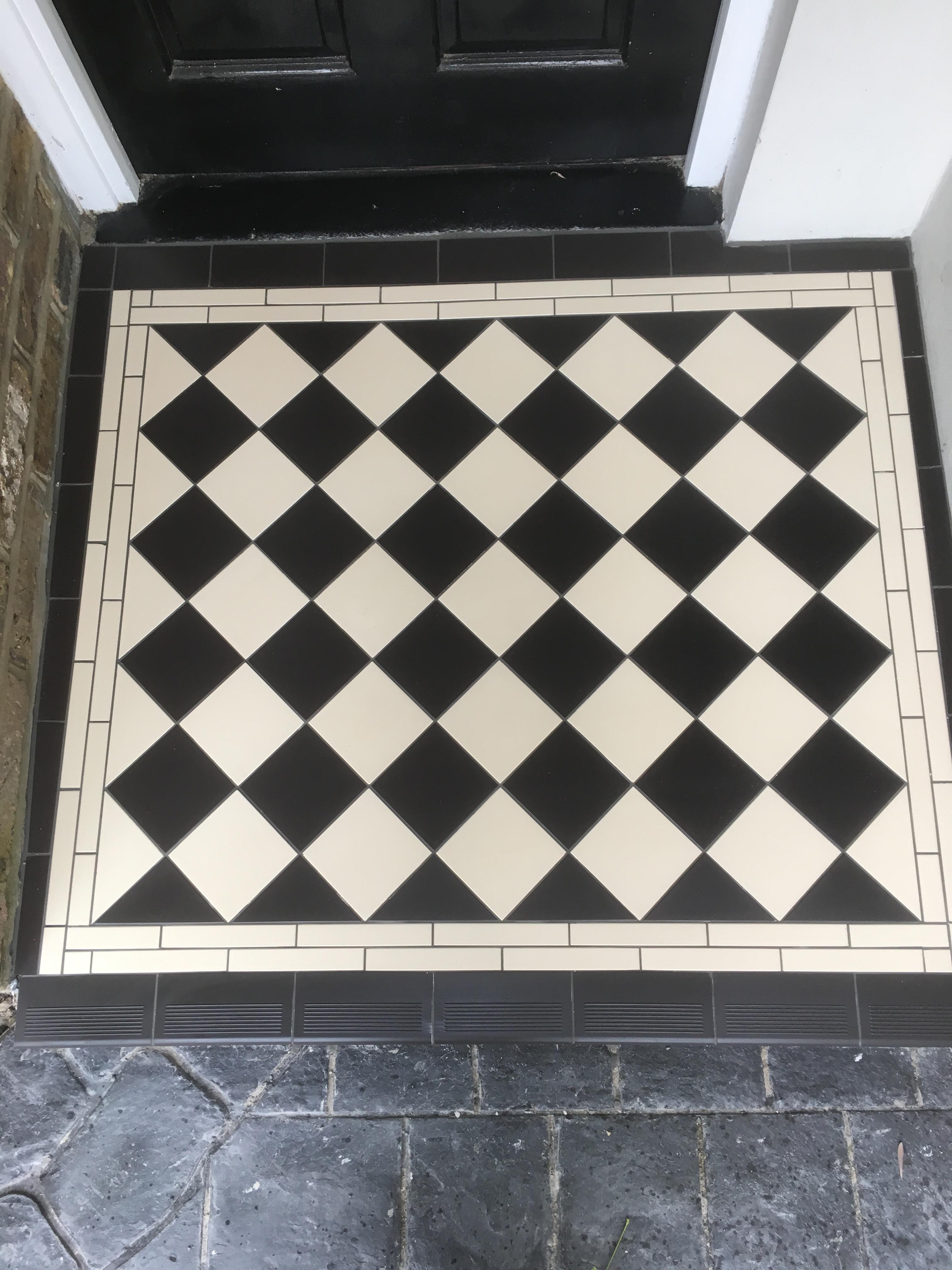 Pattern & Decorative Tiling in Orpington — Overhead view of Victorian black and white diamond pattern front path, Crystal Palace — Bromley Tiler