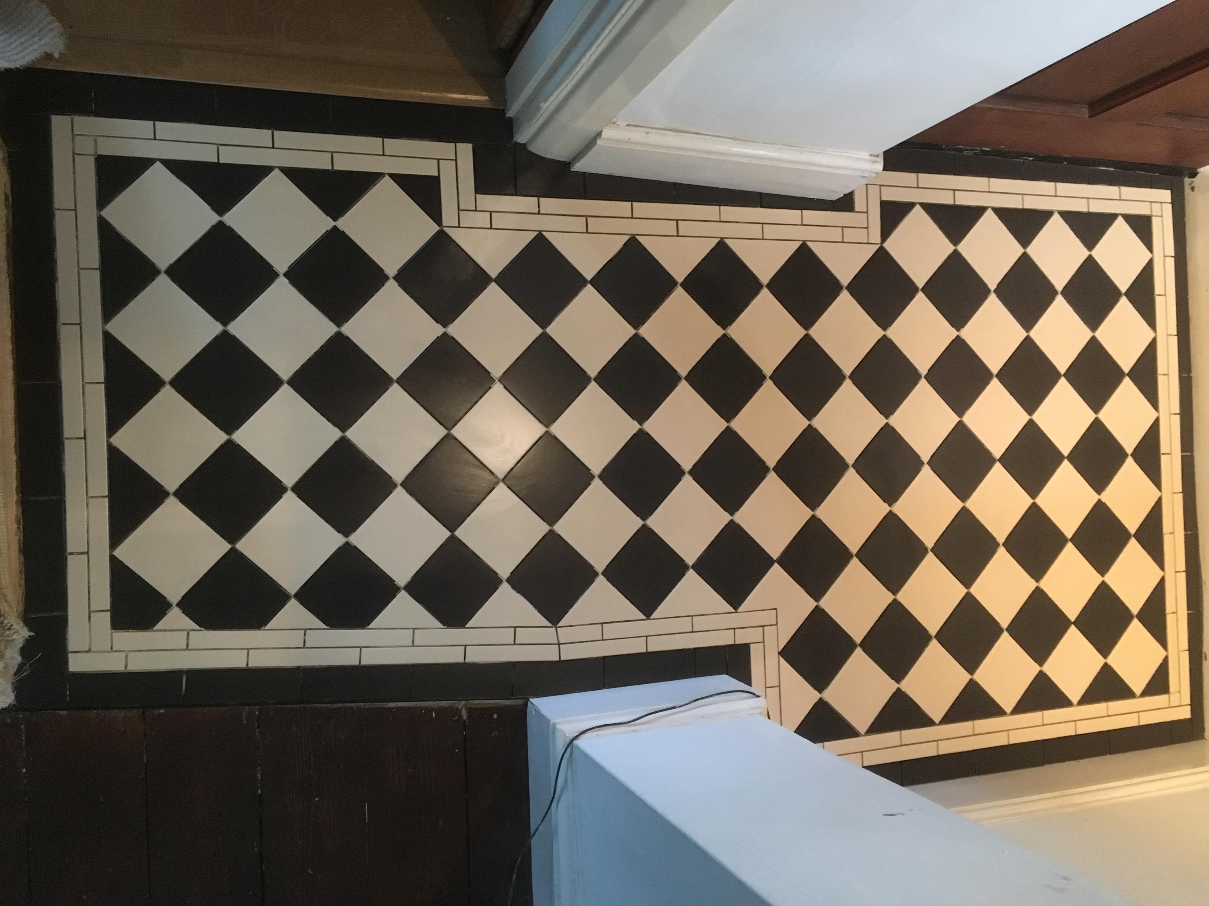 Restored Victorian diamond geometric hallway floor in a period property, Chislehurst, Bromley Tiler